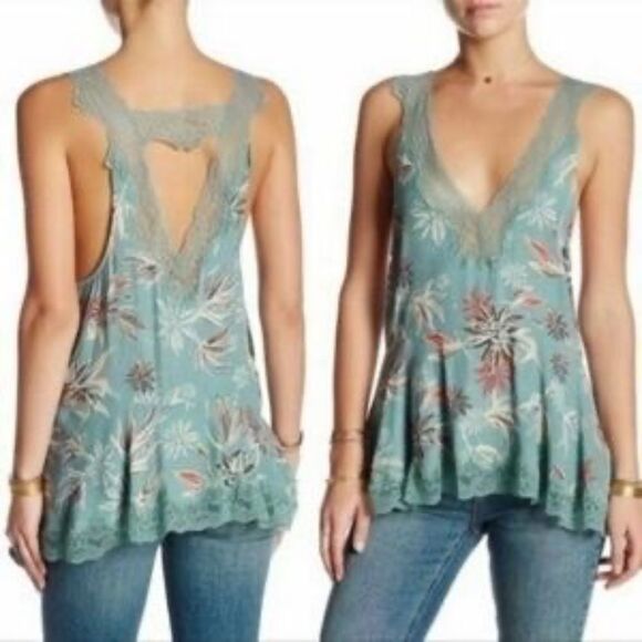 Intimately Free People Bellflower Teal Floral Lace Tank Sz M - Picture 1 of 8